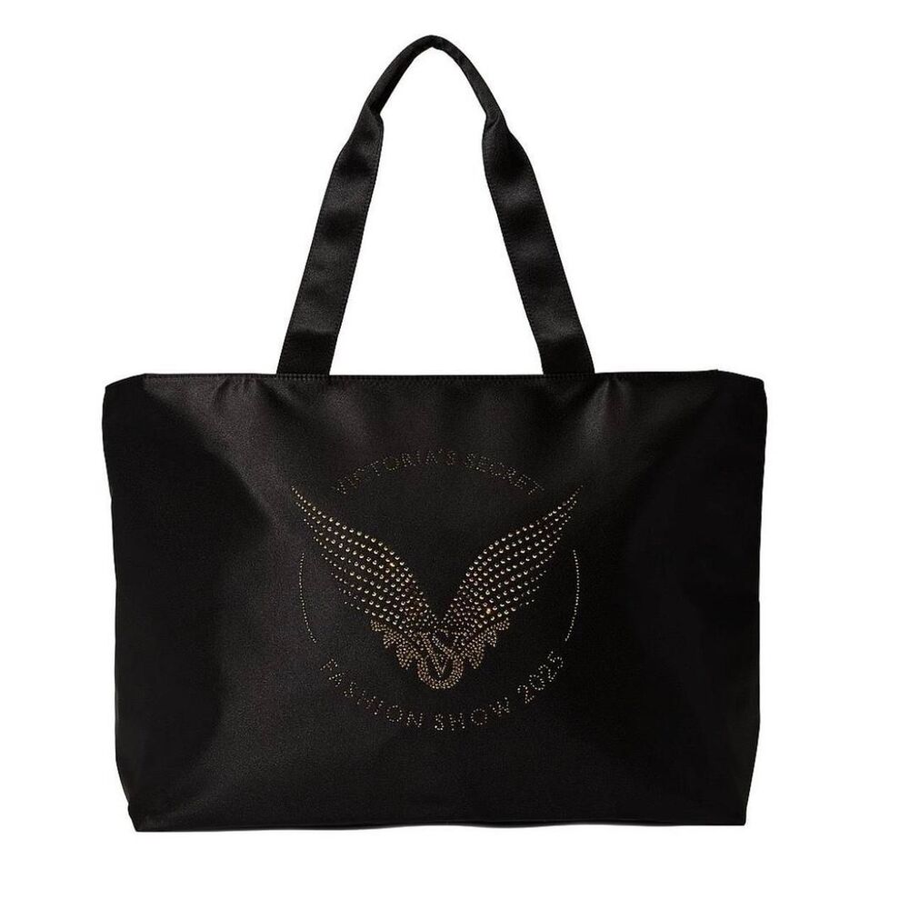 Rare Victoria's Secret Women's Black Bag with gold, sparkly angel wings
